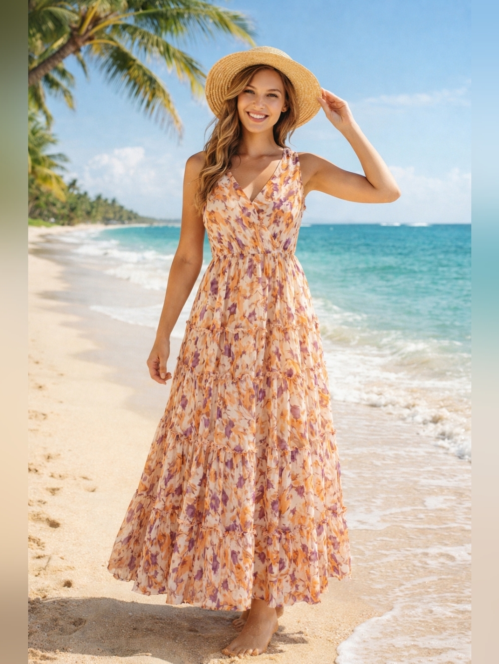 Floral Ruffle Tiered V-Neck Maxi Dress - Purple, Cream and Orange. NWT